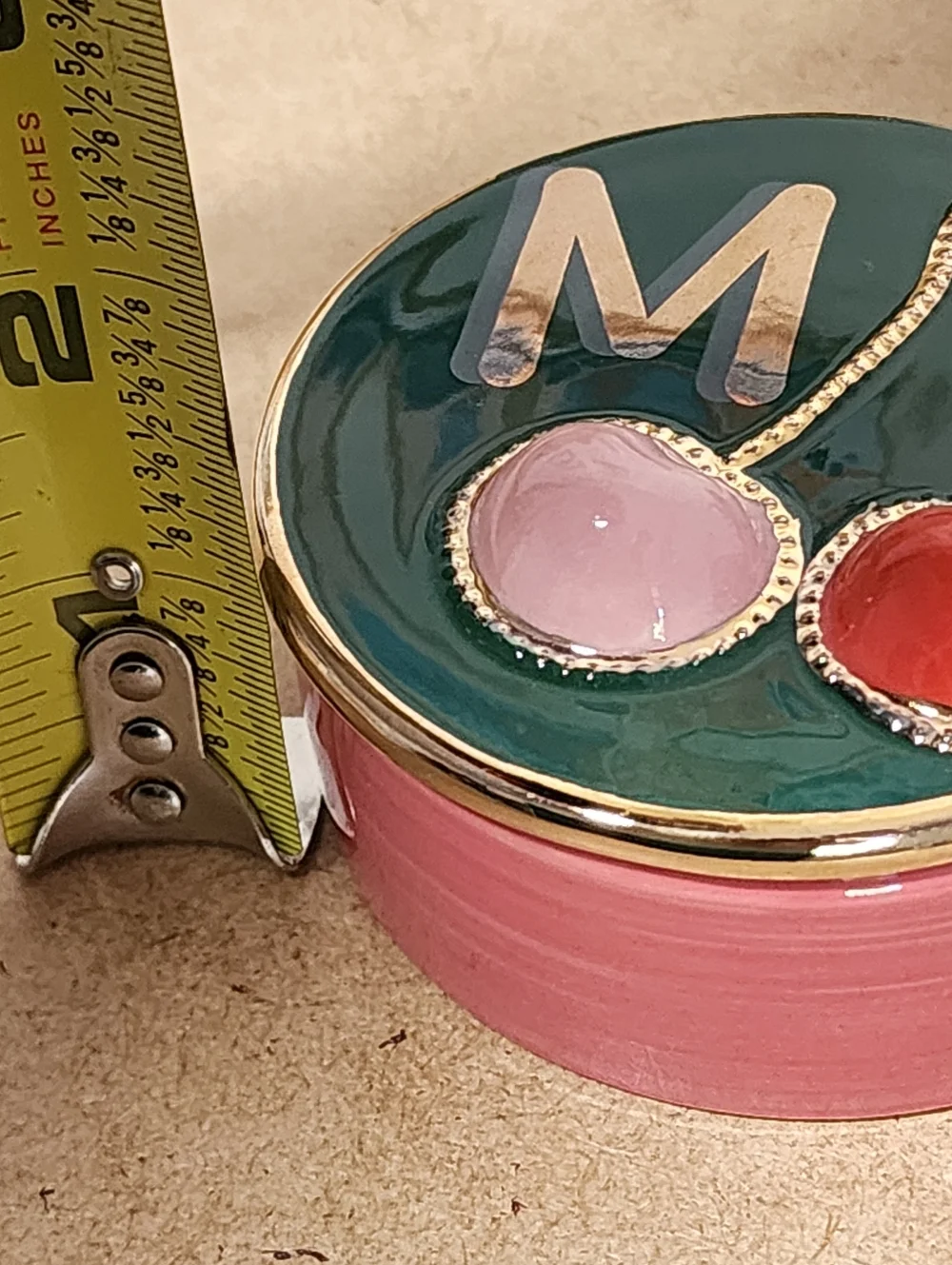 Anthropologie Trinket Box M Initials Cherry Enamel Vanity Decor